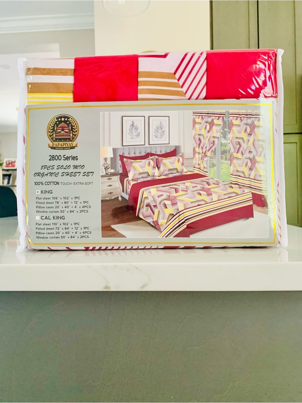 Papapiyay 2800 Series Solo Mio 8PC Sheet Set With Curtains King Red Gold Geo